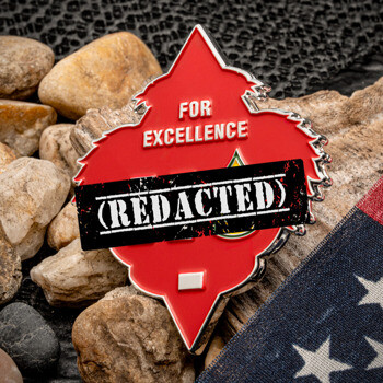 Red crest shaped lapel pin featuring the text For Excellence and a silver border displayed next to an American flag and stones.