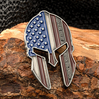 Spartan helmet shaped lapel pin featuring the American flag on one side and 'Always Ready! Protect the Force!' text on the other.