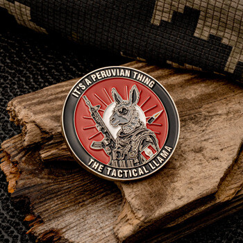 Circular challenge coin featuring a tactical llama wearing sunglasses and holding a rifle over a red sunburst background.