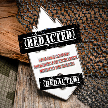 Mountain peak shaped lapel pin with Breacher Company text on a silver finish, displayed on wood and camouflage backgrounds.