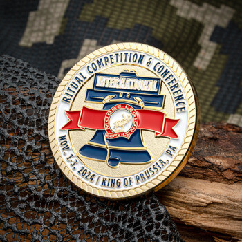 Gold challenge coin featuring the Liberty Bell and Moose Legion logo for the 2024 Ritual Competition and Conference in King of Prussia, PA.
