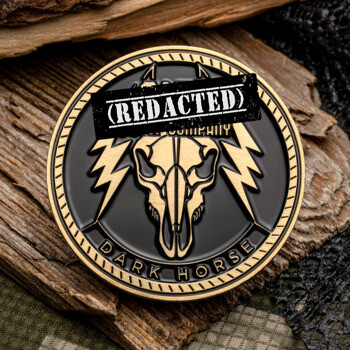Gold and black challenge coin featuring a central animal skull flanked by lightning bolts with 'Dark Horse' text on a rope-edged border.