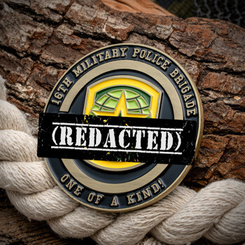 Circular 16th Military Police Brigade challenge coin featuring a green and yellow globe emblem on a textured wood and rope background.