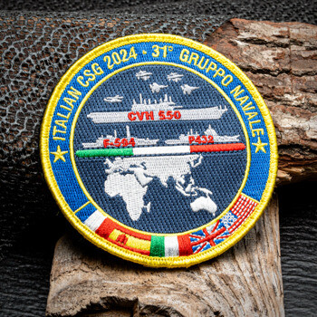 Embroidered patch for Italian CSG 2024 31 Gruppo Navale featuring naval ships, aircraft, world map, and international flags.