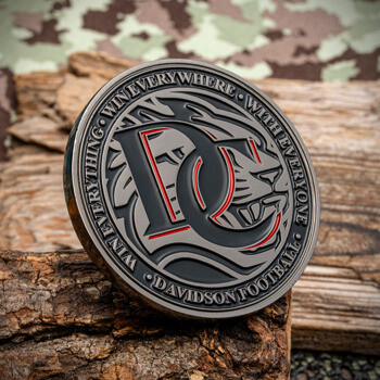 Davidson Football challenge coin with DC logo and tiger head design on an antiqued metal finish.