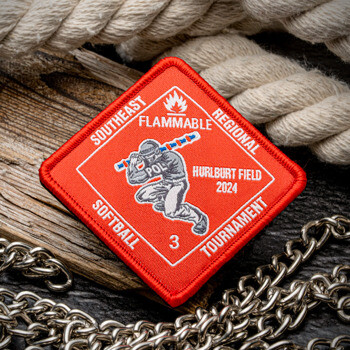 Diamond-shaped orange embroidered patch for the 2024 Southeast Regional Flammable Softball Tournament at Hurlburt Field.