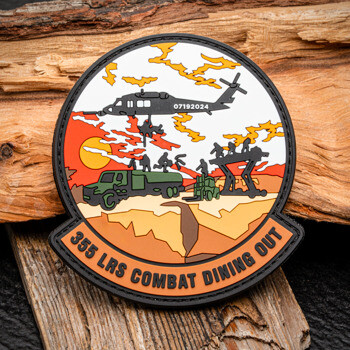 PVC patch for 355 LRS Combat Dining Out featuring a helicopter, military vehicles, and personnel against a sunset background.