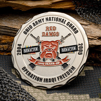Ohio Army National Guard challenge coin with a bulldog, crossed rifles, and Operation Iraqi Freedom text on a scalloped edge.