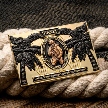 Rectangular gold challenge coin featuring palm trees, a soldier in gear, and United States Special Operations Command text resting on a rope.