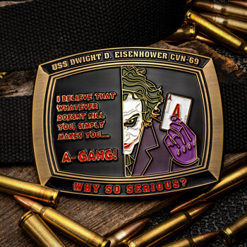 Rectangular challenge coin featuring the Joker holding an ace card with A-Gang text, USS Dwight D. Eisenhower CVN-69, surrounded by bullets.