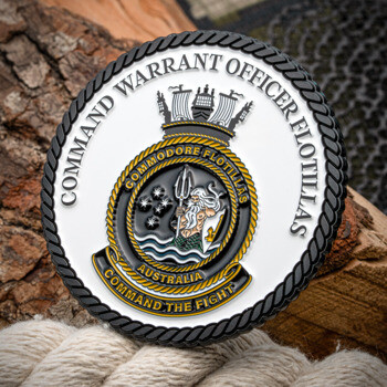 Circular challenge coin featuring the Command Warrant Officer Flotillas emblem with Poseidon and a rope border design.