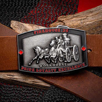 Antiqued silver belt buckle featuring Firehouse 25 Workhorse with a horse-drawn fire engine and red enamel accents.