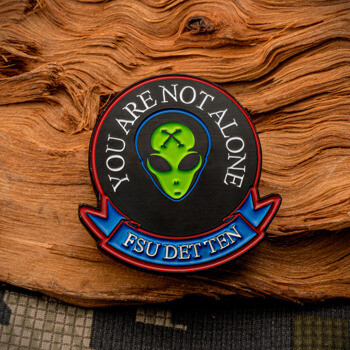 Enamel lapel pin featuring a green alien head with the text You Are Not Alone and FSU DET TEN on a blue banner.