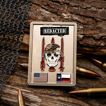 Rectangular challenge coin featuring a skull in a combat helmet, three bayonets, and the American and Texas flags on a textured gold background.