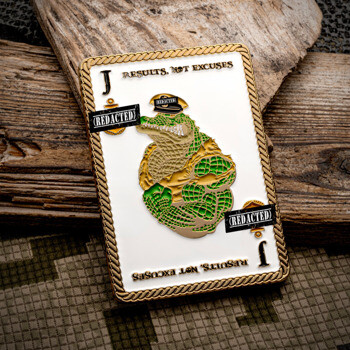 Rectangular playing card challenge coin featuring a Jack of Spades design with an alligator in a uniform and a rope border.