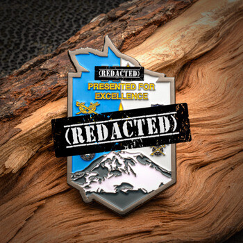 Shield-shaped lapel pin featuring a mountain landscape, blue and white background, and the text Presented For Excellence.