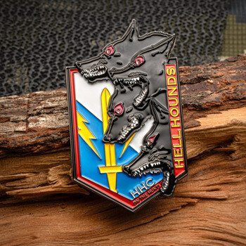 Custom shield-shaped lapel pin featuring three black wolf heads, a yellow sword, and lightning bolts with Hell Hounds HHC text.
