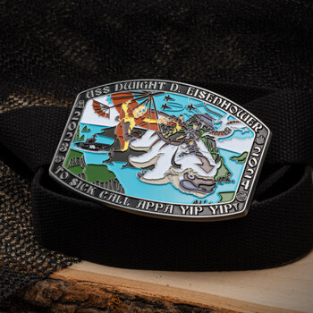 Custom belt buckle featuring Appa from Avatar: The Last Airbender and the USS Dwight D. Eisenhower with text To Sick Call Appa Yip Yip.