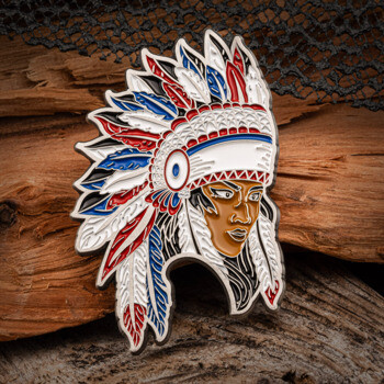 Soft enamel lapel pin featuring a detailed portrait of a figure wearing a red, white, and blue feathered headdress.