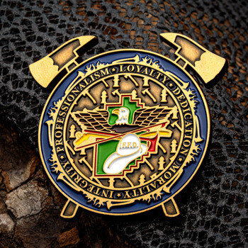 Custom firefighter challenge coin featuring double axes, an eagle crest with a firefighter helmet, and a blue border with core values.
