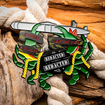 Custom cut-out challenge coin featuring a green crab holding a submarine, with navy operational unit codes CTU 52.3.2, CTU 56.1.5, and NAVCENT 2023.