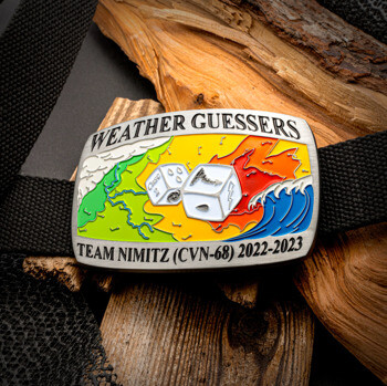 Custom belt buckle for Weather Guessers Team Nimitz CVN-68 featuring a colorful weather map design with dice.