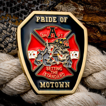 Shield-shaped firefighter challenge coin featuring a red Maltese cross, a bulldog mascot wearing a helmet, playing cards, and the text Pride of Motown.