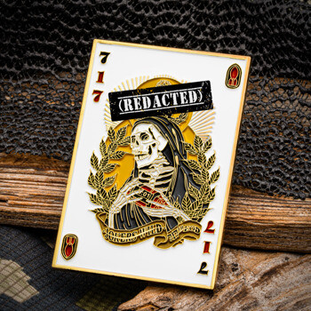 Rectangular playing card challenge coin featuring a grim reaper skeleton design, the numbers 717, and a black banner with redacted text.