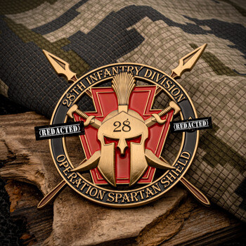 Custom challenge coin featuring a Spartan helmet and crossed spears for the 28th Infantry Division, Operation Spartan Shield.