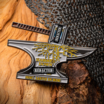 Anvil-shaped challenge coin with hammer, lightning bolt design, and text HHC, 165TH IN BDE, Hammer Down