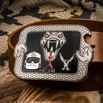 Custom military belt buckle featuring a viper design with text Vipers and C/2-82, flanked by a pilot helmet and crossed rifles on a brown leather belt.