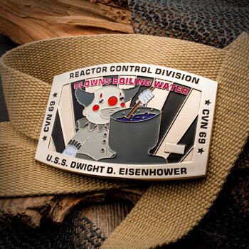 Custom military belt buckle for the Reactor Control Division of U.S.S. Dwight D. Eisenhower CVN 69, featuring a clown boiling water design.