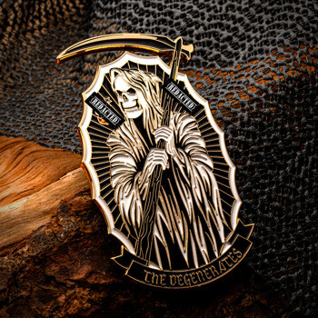 Grim reaper lapel pin with black and white enamel, gold metal plating, holding a scythe with a banner reading The Degenerates.