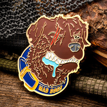 Mad Dogs custom enamel lapel pin featuring a snarling brown dog with a blue collar and red facial scars.