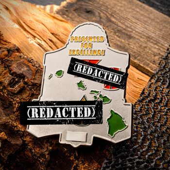 Custom shaped silver challenge coin featuring a map of the Hawaiian Islands, a flag detail, and text reading Presented for Excellence.