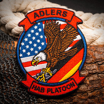 Embroidered patch featuring an eagle over American and German flags with text reading Adlers HAB Platoon.