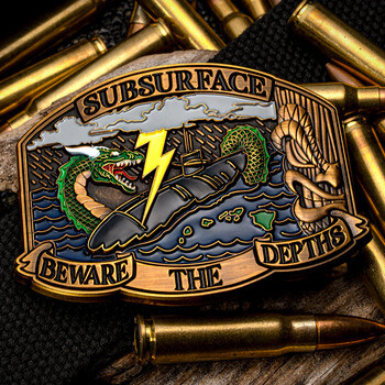 Custom military challenge coin featuring a submarine, sea serpent, and lightning bolt surrounded by ammunition rounds.
