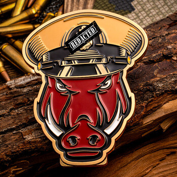 Custom cut-to-shape challenge coin featuring a red warthog wearing a military cover and night vision goggles.