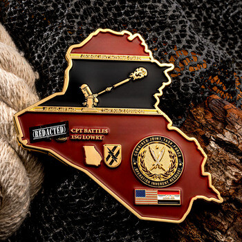 Custom Iraq map challenge coin featuring Operation Inherent Resolve and Georgia Army National Guard emblems.
