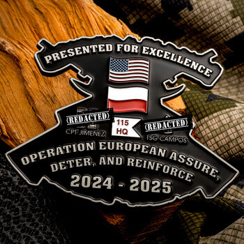 Custom cut-to-shape challenge coin for Operation European Assure, Deter, and Reinforce 2024-2025 featuring US and Polish flags.