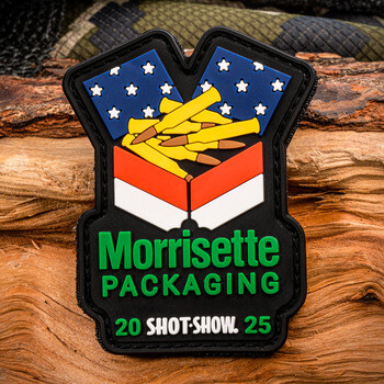 PVC morale patch featuring bullets spilling from a box with American flags and Morrisette Packaging 20 SHOT SHOW 25 text.