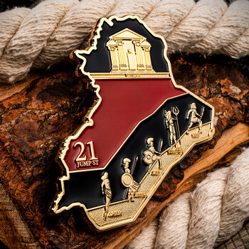 Custom shaped challenge coin featuring Greek mythological figures on stairs leading to an acropolis temple with 21 Jump St text.
