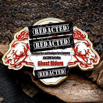 Custom shaped military challenge coin featuring 83d CBRN Battalion Ghost Riders insignia flanked by flaming horse heads.