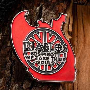 Red and silver custom shaped challenge coin featuring the Diablos emblem and motto We Take Their Souls.