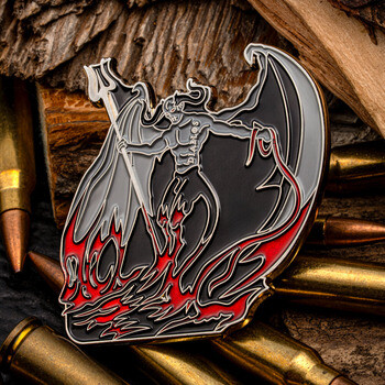 Enamel lapel pin featuring a winged Diablos demon figure holding a trident amidst red flames, surrounded by rifle ammunition.