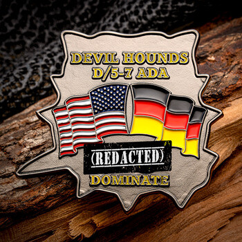 Custom cut-to-shape challenge coin for Devil Hounds D/5-7 ADA featuring crossed American and German flags.