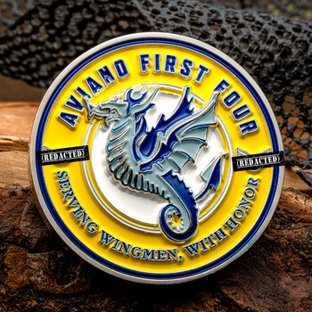 Aviano First Four military challenge coin featuring a blue dragon insignia on yellow and white enamel with silver plating.