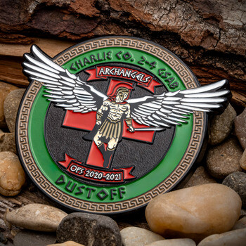 Military challenge coin featuring Charlie Co. 2-4 GSAB Archangels Dustoff with winged warrior and Greek key border.