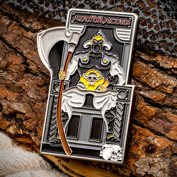 Rectangular custom challenge coin featuring the Annihilators armored warrior with battle axe seated on a throne.