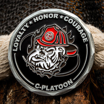 C-Platoon firefighter challenge coin featuring a bulldog in a red helmet with the words Loyalty, Honor, and Courage.